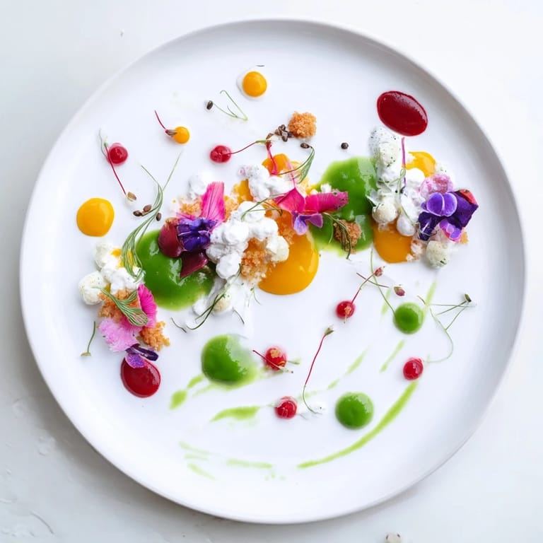 Artistic presentation of the Pointillism Dot Matrix; a visually striking Vegetarian starter with fresh garnishes.