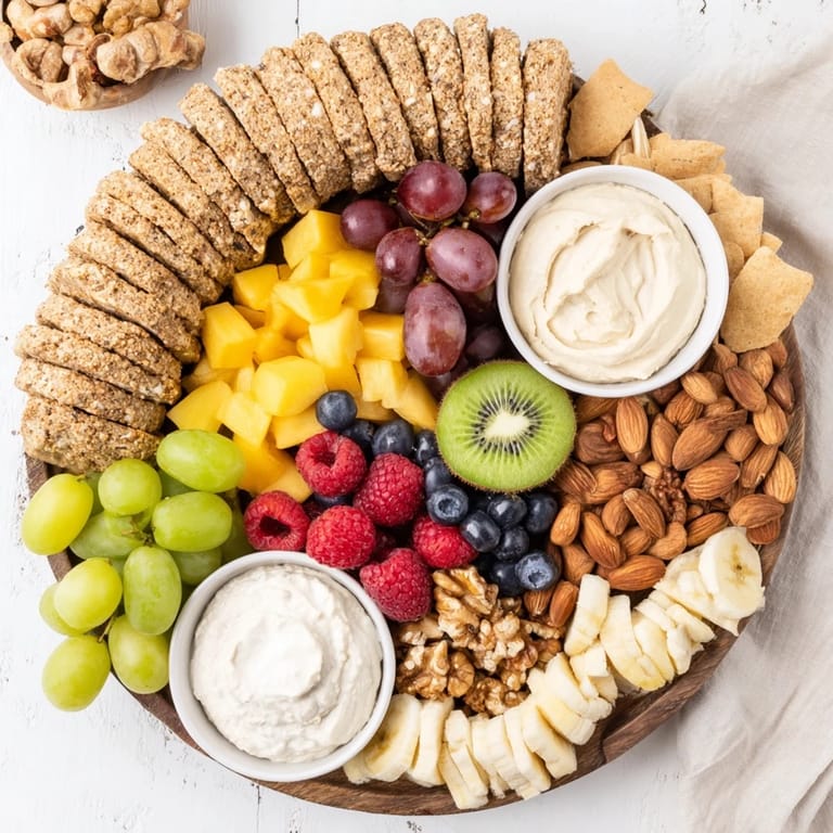 This colorful Hidden Oasis appetizer showcases a variety of fruits, nuts, and healthy dips.
