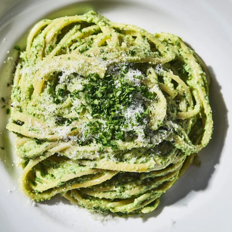 A bowl of delicious Green Goddess pasta, ready to serve with extra herbs and Parmesan cheese.