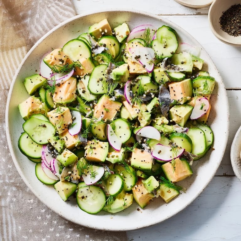 A light and flavorful Cucumber and Tinned Fish Salad, layered with fresh herbs and creamy avocado.