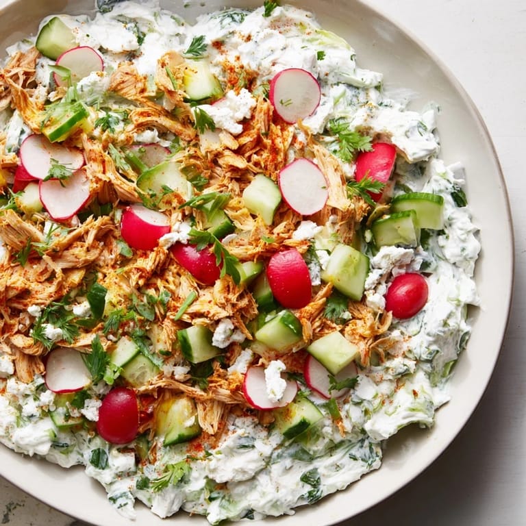 A close-up of Green Goddess Chicken Nacho Dip, showcasing the fresh herbs and tortilla chips for dipping.