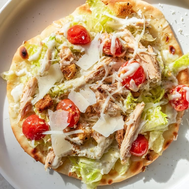 Close-up of a delicious Chicken Caesar Flatbread, featuring grilled chicken and creamy Caesar dressing.