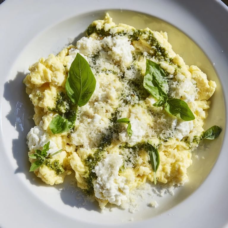 Creamy Pesto Cottage Cheese Eggs, a vibrant breakfast, garnished with fresh basil and Parmesan cheese.