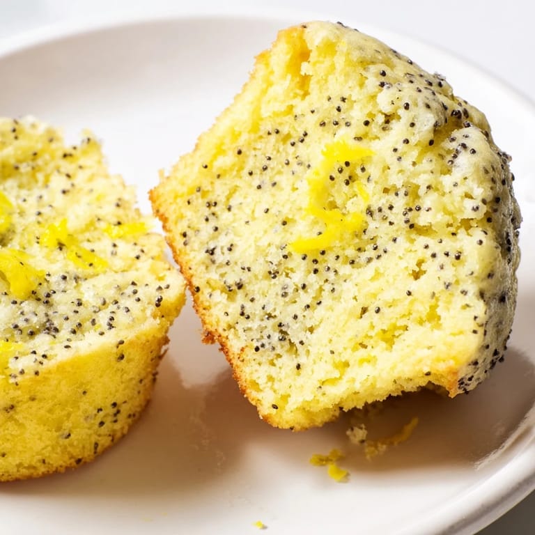 A close-up of fresh, flavorful Lemon Poppy Seed Muffins drizzled with sweet lemon glaze.