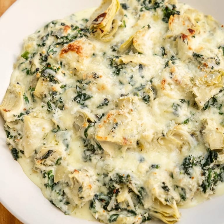 A close-up shot of creamy, cheesy spinach artichoke dip, served hot from the oven.