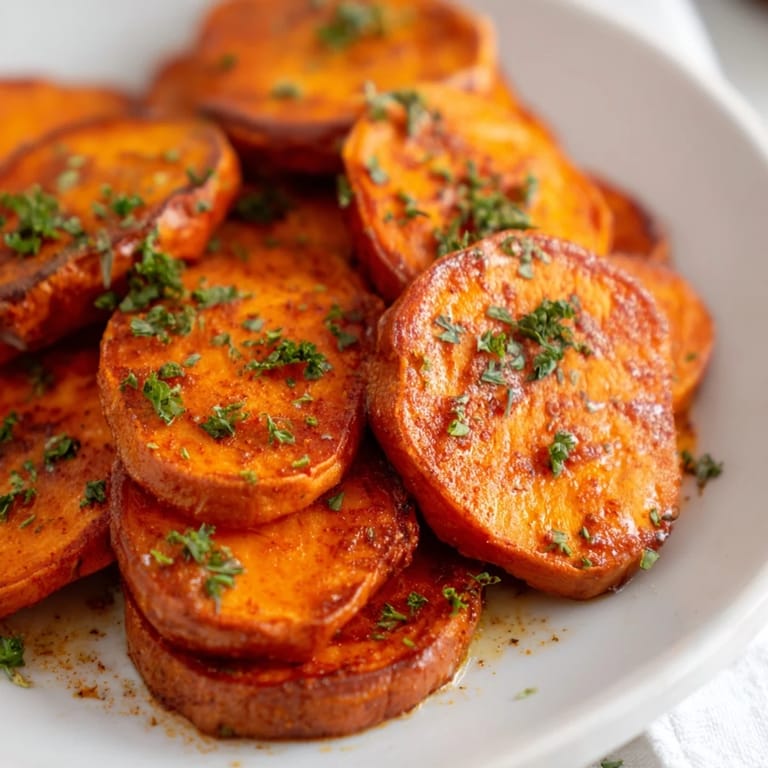 Spicy Cajun roasted sweet potatoes, sprinkled with fresh parsley, ready for a delicious side!