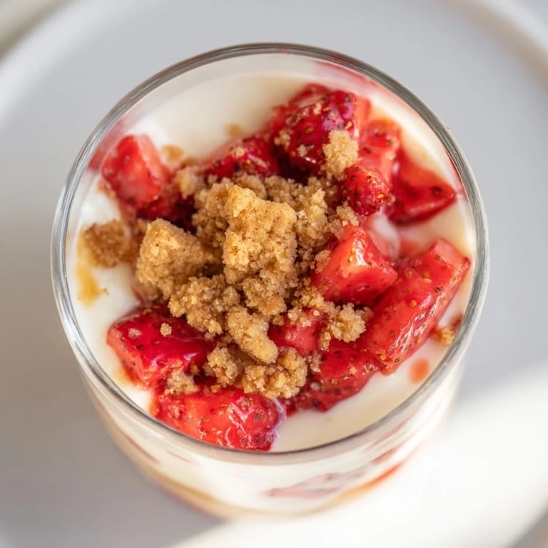 Creamy strawberry cheesecake parfait layered with fresh berries, cookie crumbles, and whipped cheesecake filling.