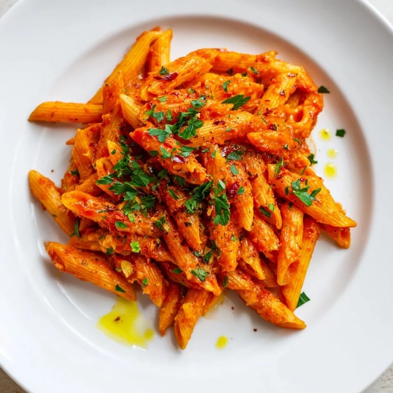 Close-up of Penne all'Arrabbiata: Spicy tomato-covered pasta served in a bowl, a flavorful Italian dish.