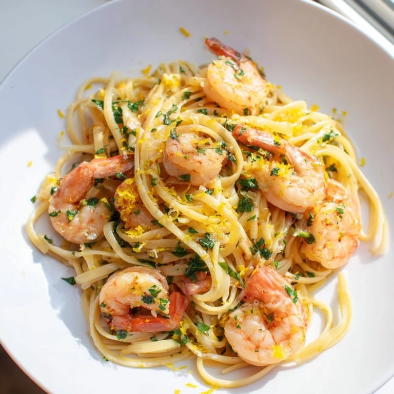 Eine Nahaufnahme der Lemon Herb Pasta mit Shrimp, köstlich und mit Parmesan bestreut.