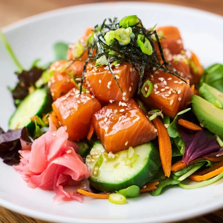 Delicious Poke Bowl Salad: close-up showing fresh fish, creamy avocado and a soy-ginger dressing.