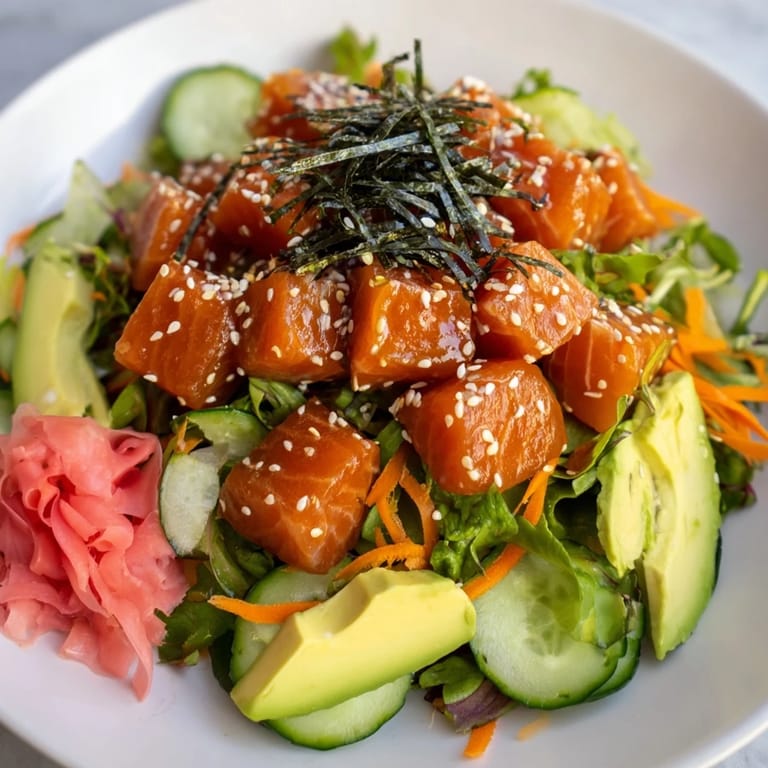 Beautifully arranged Poke Bowl Salad with sesame seeds, scallions, and nori strips for a light lunch.
