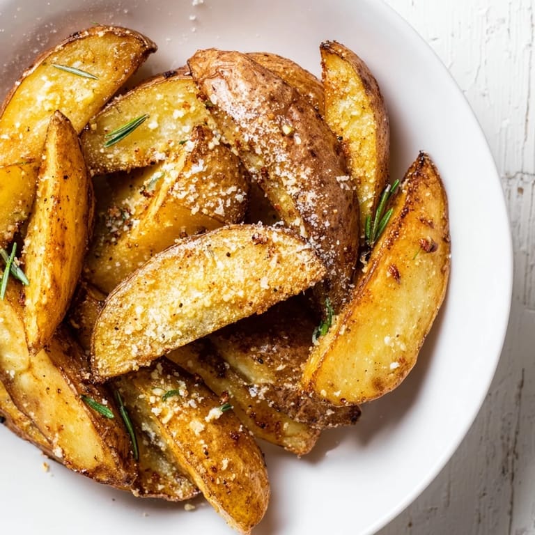 Close-up of freshly baked rosemary Parmesan potato wedges, showcasing the crispy edges.