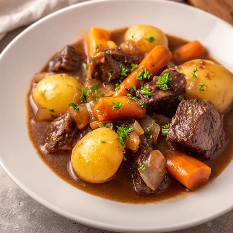 This comforting Irish Beef Stew features a rich broth and hearty vegetables, ready to serve.