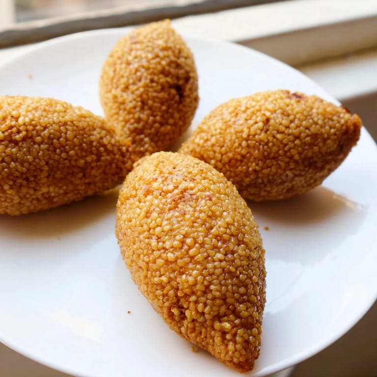 Close-up of crispy, fried Lebanese Kibbeh, showcasing the flavorful filling and textured crust.