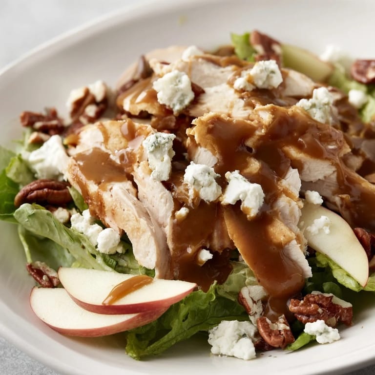 Autumnal servierter Caramel Apple Chicken Salad: zartes Hähnchen, Apfelspalten, getrocknete Cranberrys und süß-salzige Pekannuss-Karamell-Vinaigrette auf dem Teller.