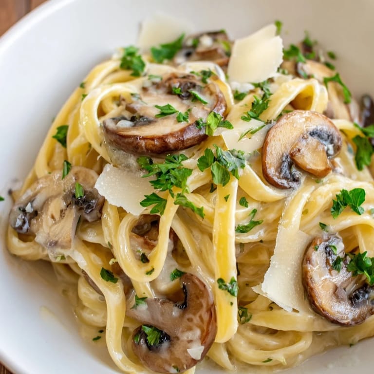 Close-up of Creamy Mushroom Alfredo pasta, golden mushrooms and Parmesan in a velvety sauce.