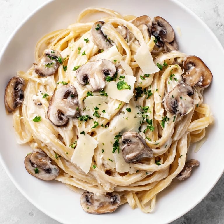 Tongs tossing fettuccine through Creamy Mushroom Alfredo, with steam rising and garlic aroma.