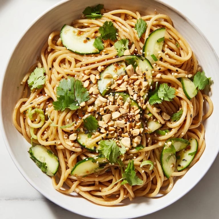 Farbenfroher Spicy Sesame Noodle Salad mit glasierten Nudeln, Chili-Öl-Glanz und knackigen Erdnüssen – perfekt für einen leichten, vegetarischen Abendtisch.