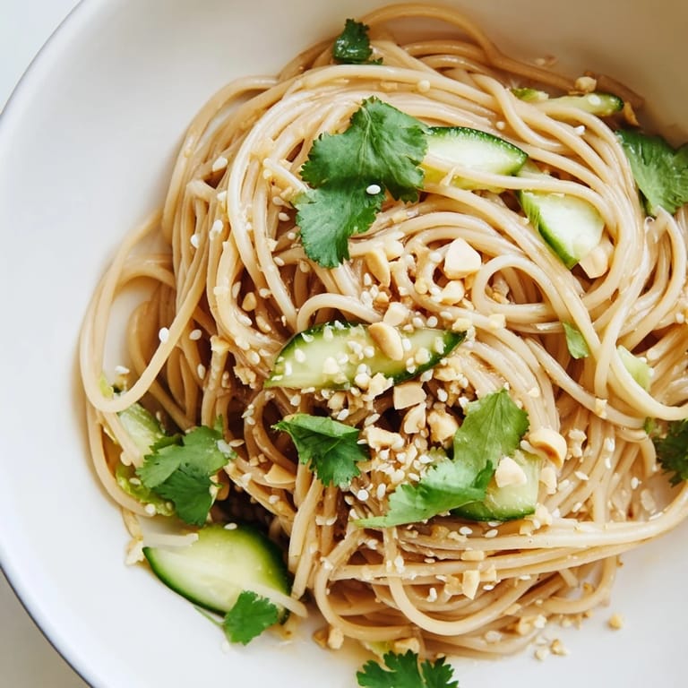 Üppiger Spicy Sesame Noodle Salad mit knusprigen Gurken, frischem Koriander und gerösteten Sesamsamen auf einer rustikalen Holzplatte serviert.