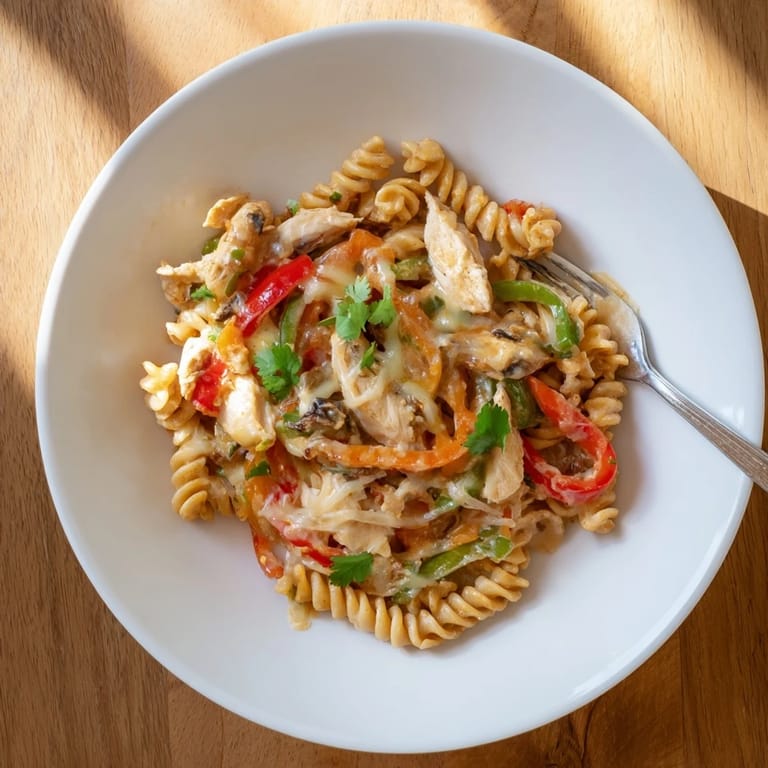 Geschmolzener Monterey Jack Käse bedeckt die Nudeln und das Hühnchen im gewürzten Fajita-Sauce-Bett dieses Skillets.