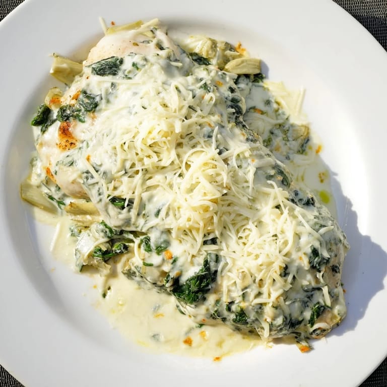 Genießbares Spinat-Artischocken-Hähnchen aus dem Ofen, serviert neben duftendem Reis und einer frischen grünen Salatbeilage.