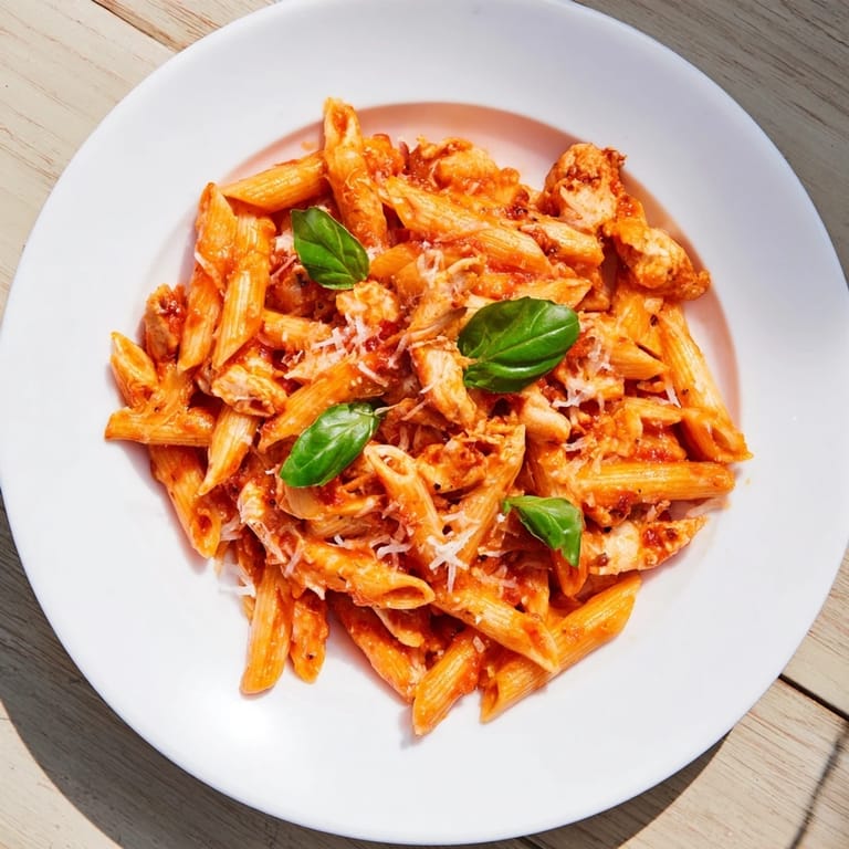 Bright Tomato Basil Chicken Pasta garnished with fresh basil and Parmesan for a weeknight meal.