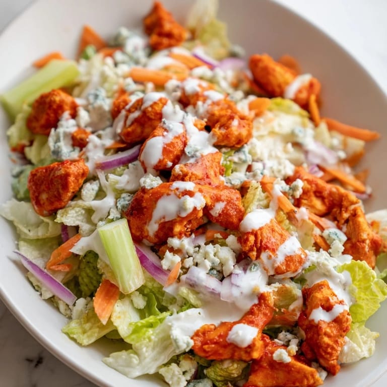 Buffalo Chicken Chopped Salad präsentiert sich lebhaft mit roten Chili, saftigem Hähnchen und cremiger Ranch-Dressing-Begleitung.