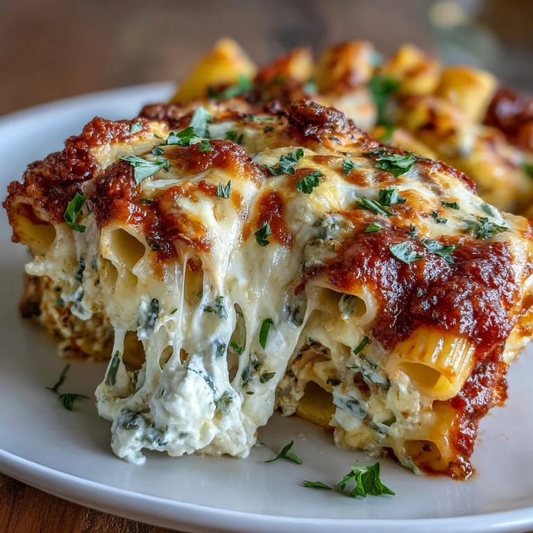 Freshly baked Freezer Make-Ahead Baked Ziti, serving family-style with bubbling cheese and tender pasta noodles.
