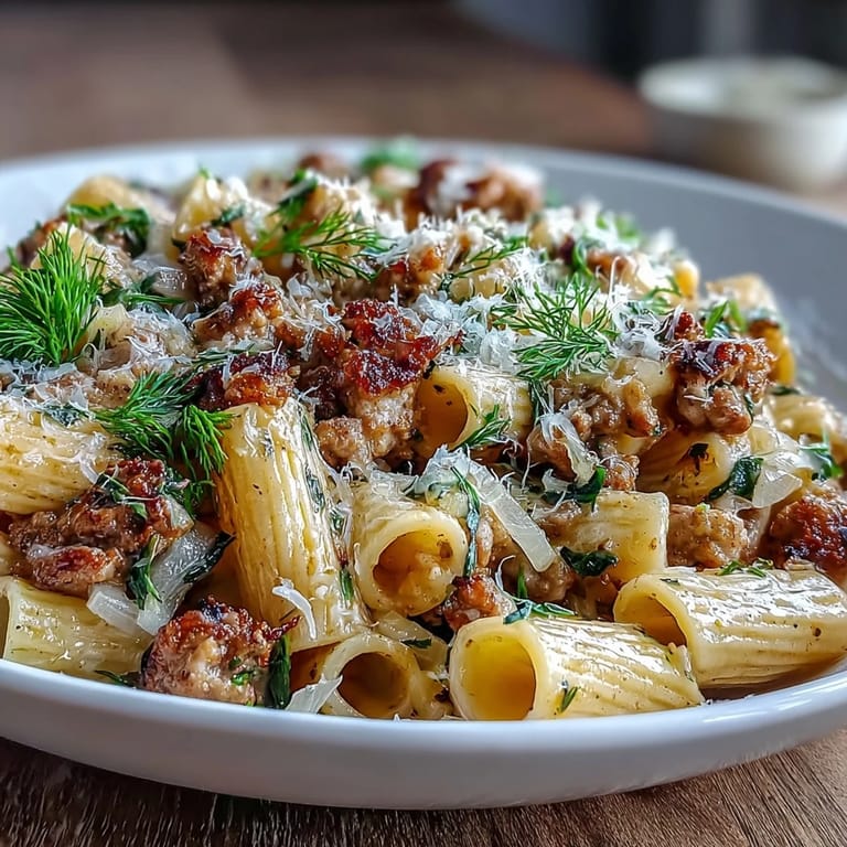 Mundgerechte Nudeln mit italienischer Wurst, weichem Fenchel und leichter Kräutersauce, gerichtet für kühle Abende mit Knoblauchwürze.  