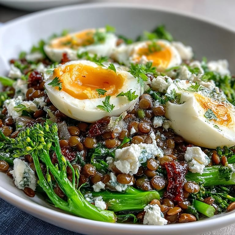 Frühlingssalat French Lentil Salad With Broccolini and Soft-Cooked Eggs mit Linsen, grünen Röschen und weichgekochten Eiern auf hellem Porzellan.