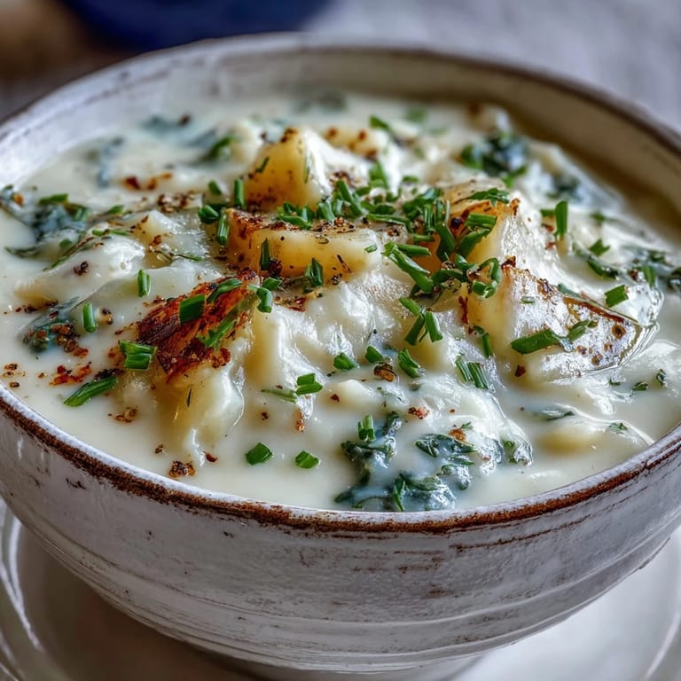 Herzhaftes Potato Leek Soup mit Saucenfischen und Petersilie, warm im tieferen Teller gereicht.