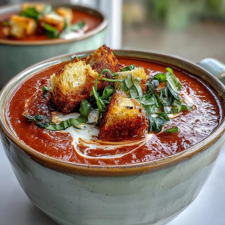 Frisch geröstete Tomatensuppe, cremig püriert und mit duftendem Basilikum belegt.