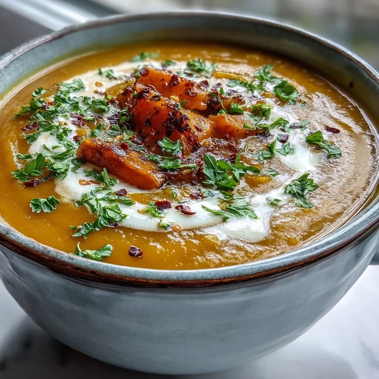 A rustic pot of Carrot and Lentil Soup shows creamy texture, carrots, lentils and spices on a wood table.