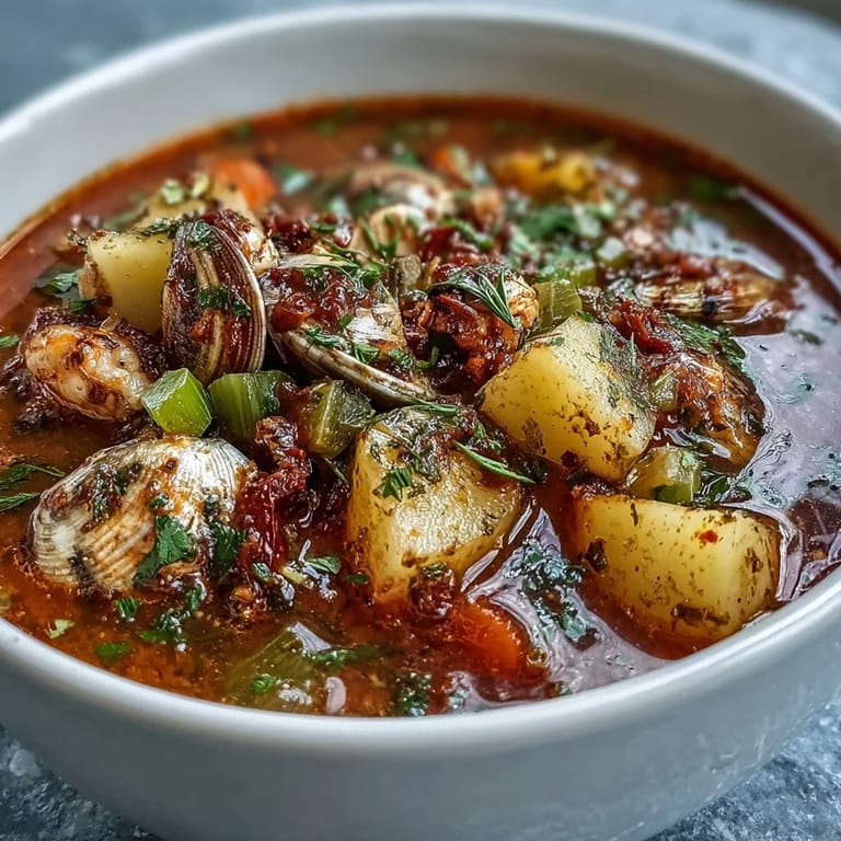 Tomatige Manhattan Clam Chowder dampfend in einer Rustikalen Schüssel.