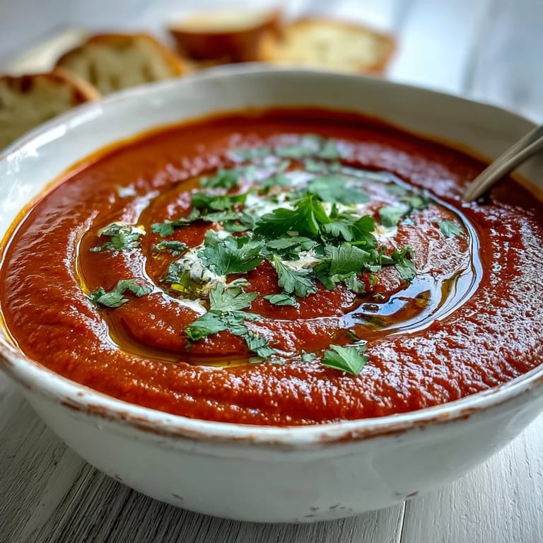 Würzige Roastbeert-Suppe in tiefen Tellern mit knoblauchigem Brot und zarten Korianderblättern garniert.