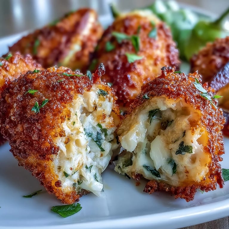 Spicy jalapeño poppers filled with creamy lump crabmeat and herbs, served with lemon wedges.
