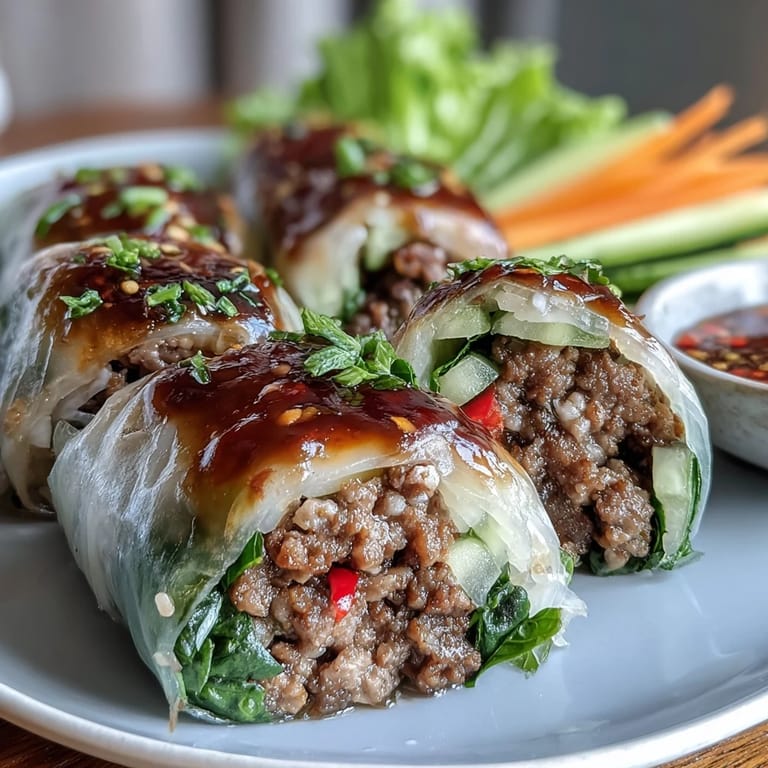 Genieße gebratene Thai Basilikum Rindfleisch Rolls mit Rind, Paprika und frischem Koriander als leckere Vorspeise.