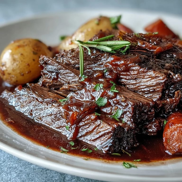 Magersahnes Beef Pot Roast, frisch aus dem Schmortopf, serviert mit glänzender Sauce und Petersilie.