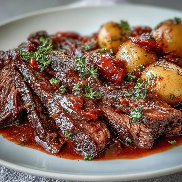 Herzhaftes Beef Pot Roast mit zarten Gemüsestücken und Rosmarin, würzig aus dem Ofen gebacken.