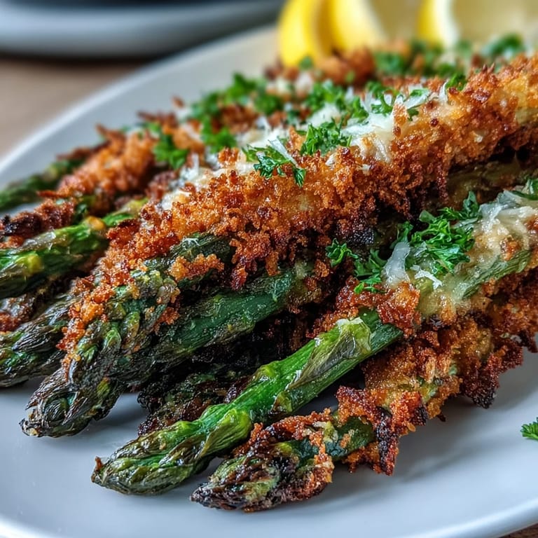 Gebackene Asparagus-Speer mit goldener Kruste und Asiago, serviert mit Zitronenspalten und Joghurt-Knoblauch-Dip.