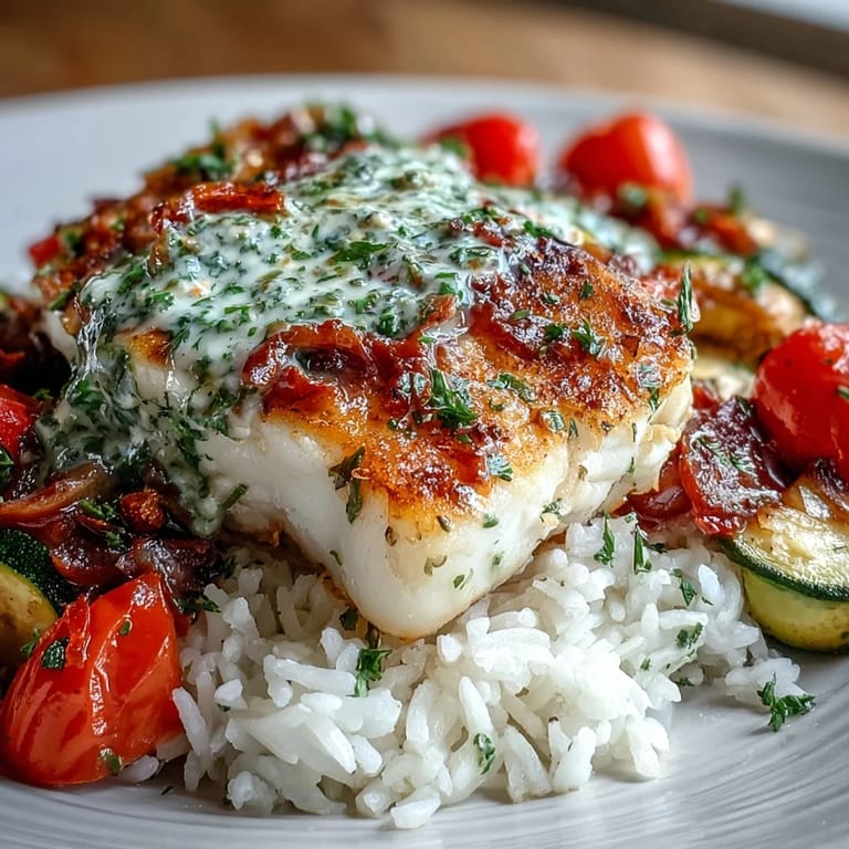 Ein fertiges Pan-Seared Fish Bowl aus flakigem Fisch, aromatischem Reis und karamellisiertem Gemüse, serviert mit glänzender Zitronensauce.