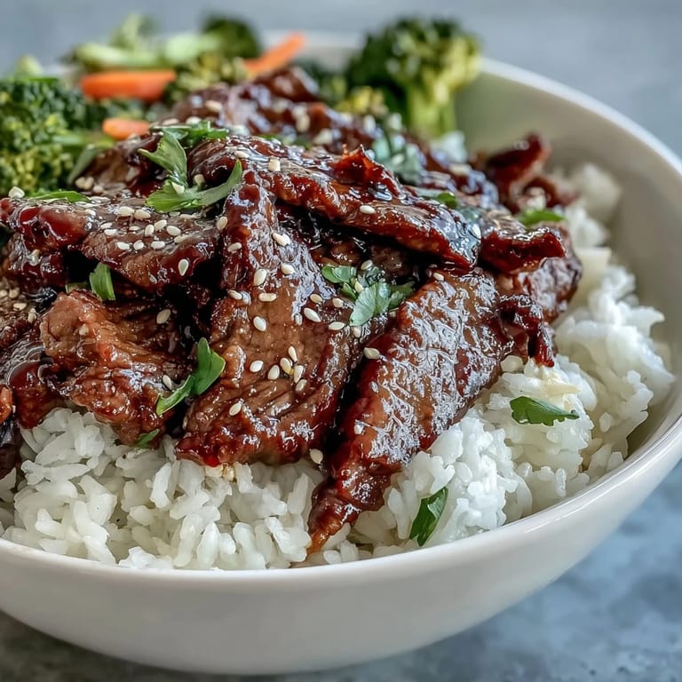 Saftiges Rindfleisch in Teriyaki-Soße, serviert über dampfendem Reis mit bunten, glasierten Gemüsestreifen.