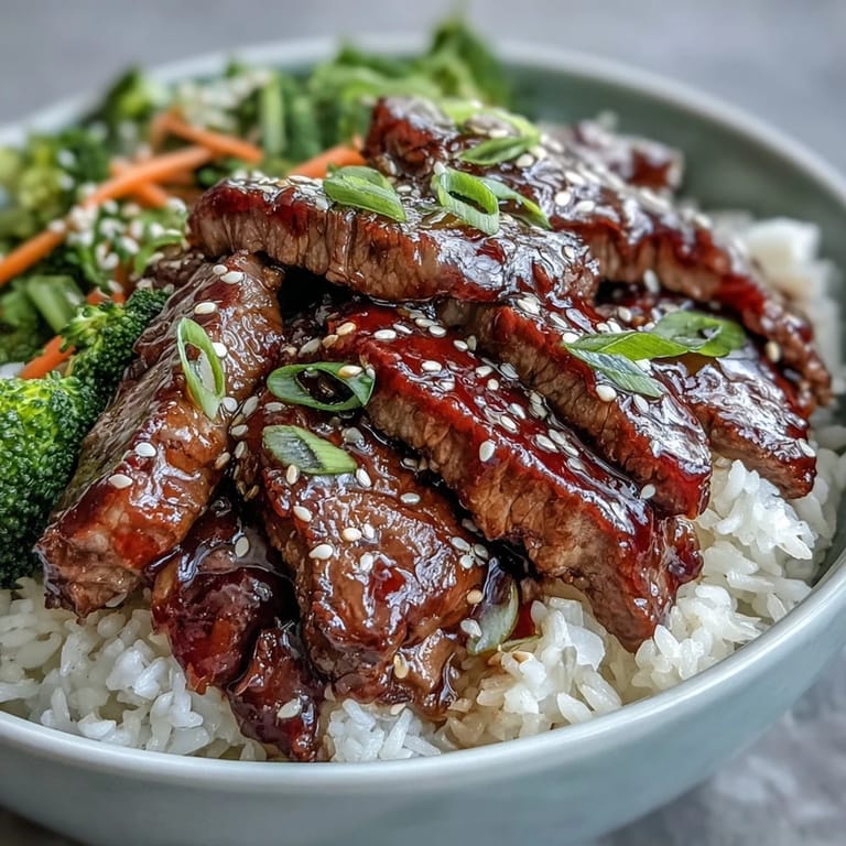 Frisch zubereitete Teriyaki Beef Bowl mit glasiertem Rindfleisch, Garnelen und knackigem Gemüse auf Reis.