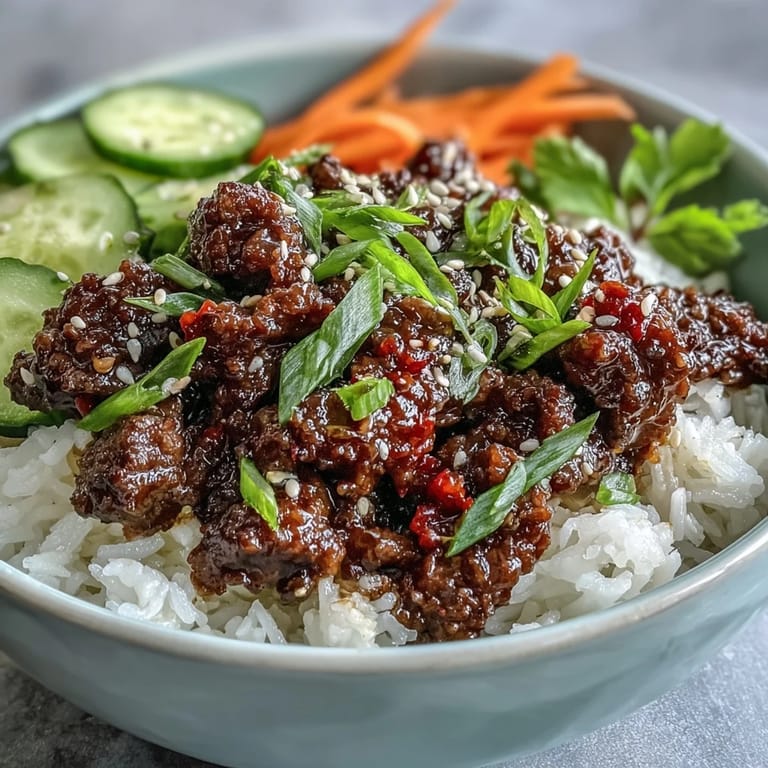 Tasty Korean Ground Beef Bowl with pickled veggies on cauliflower rice, topped with fresh green onions.