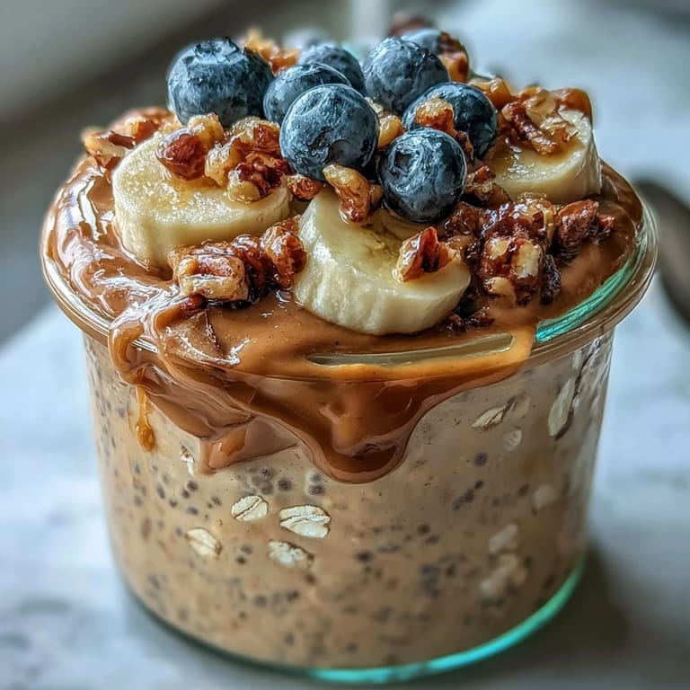 Süße High-Protein Peanut Butter Overnight Oats mit gehackten Erdnüssen und Honig-Tropfen zum Frühstück