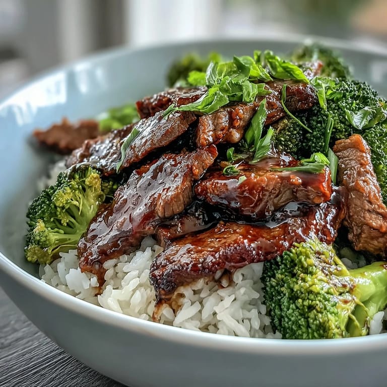 A vibrant serving of beef and broccoli bowl garnished with green onions, sesame seeds, and rich sauce drizzled over jasmine rice.
