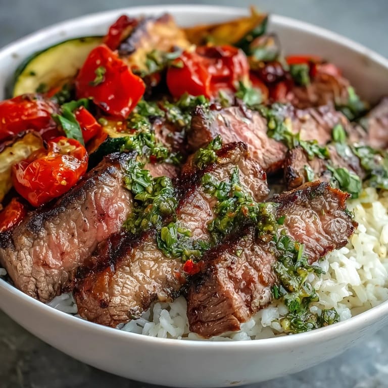 Colorful Grilled Steak Bowl with sizzling steak, fluffy rice, and charred veggies for a hearty meal.