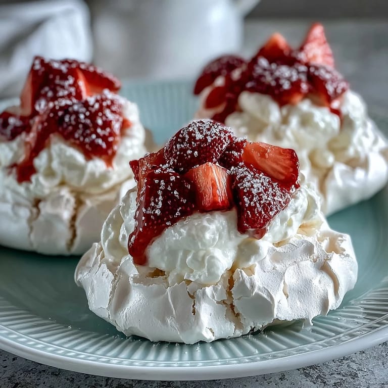 Bunte Mini Pavlovas mit glänzenden Baiserböden, cremiger Füllung und saftigen Erdbeeren auf einem Teller.