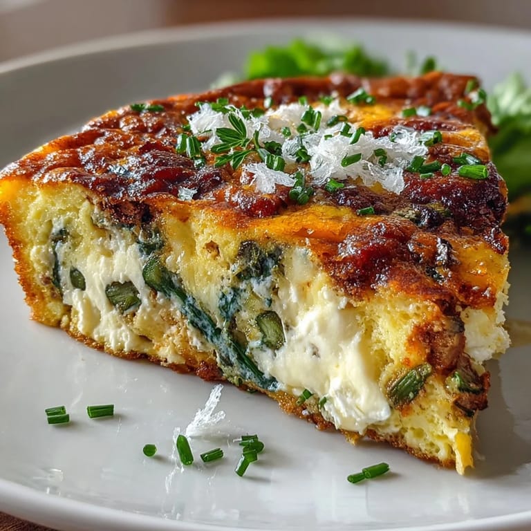 Ofengebackene Frittata mit Spargel und Ziegenkäse, garniert mit frischen Kräutern und einem Hauch Parmesan.