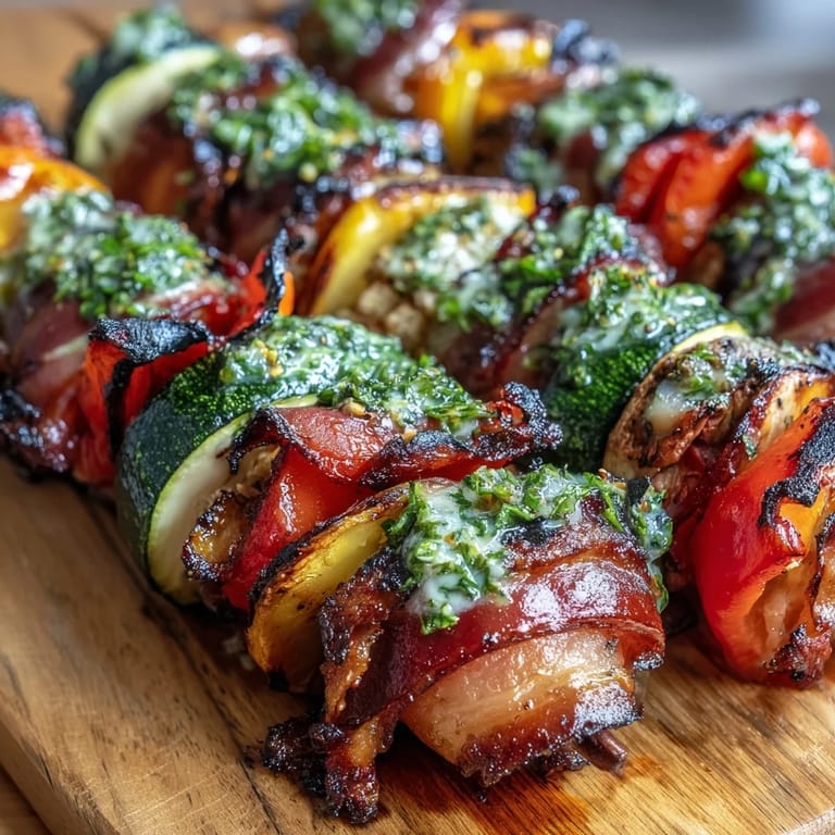 Gegrillte Sommergemüse-Spieße serviert mit leuchtend grüner Chimichurri-Sauce, voller Frische.